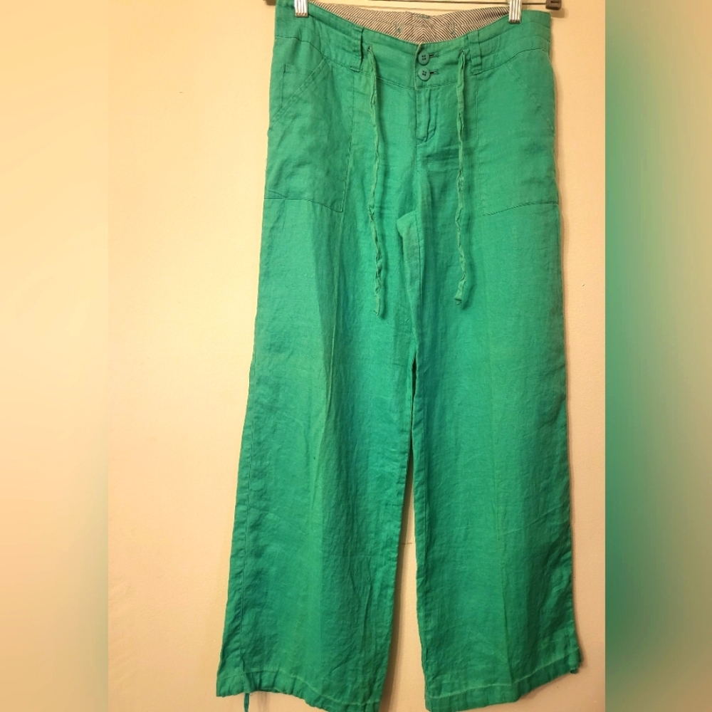 Womens Kelly Green 100% linen wide leg pants size large